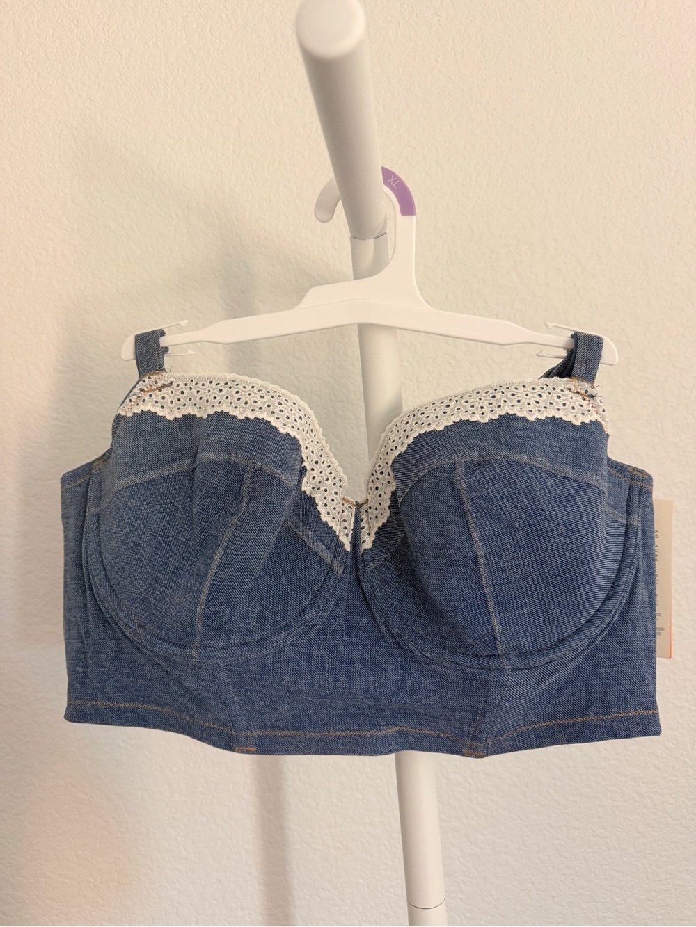 Colsie Denim-Look Longline Bustier Bra with Cream Lace Trim
